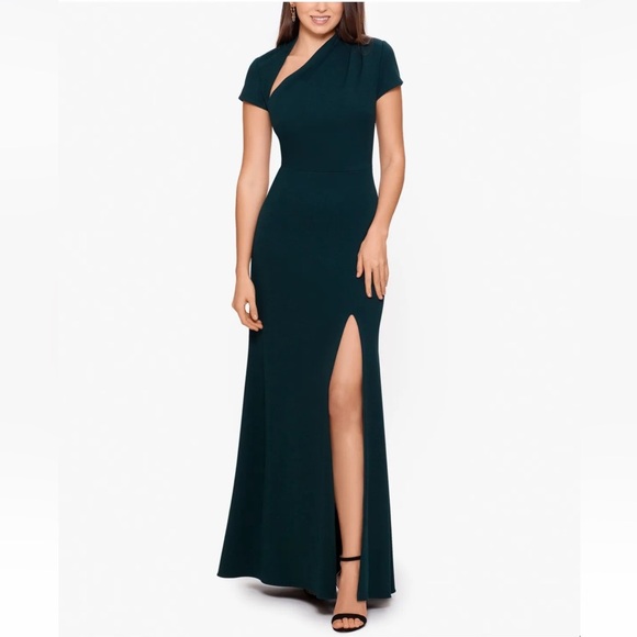 BETSY & ADAM Womens Teal Short Sleeve Full-Length Evening Sheath Dress - Reemoly - Picture 1 of 16